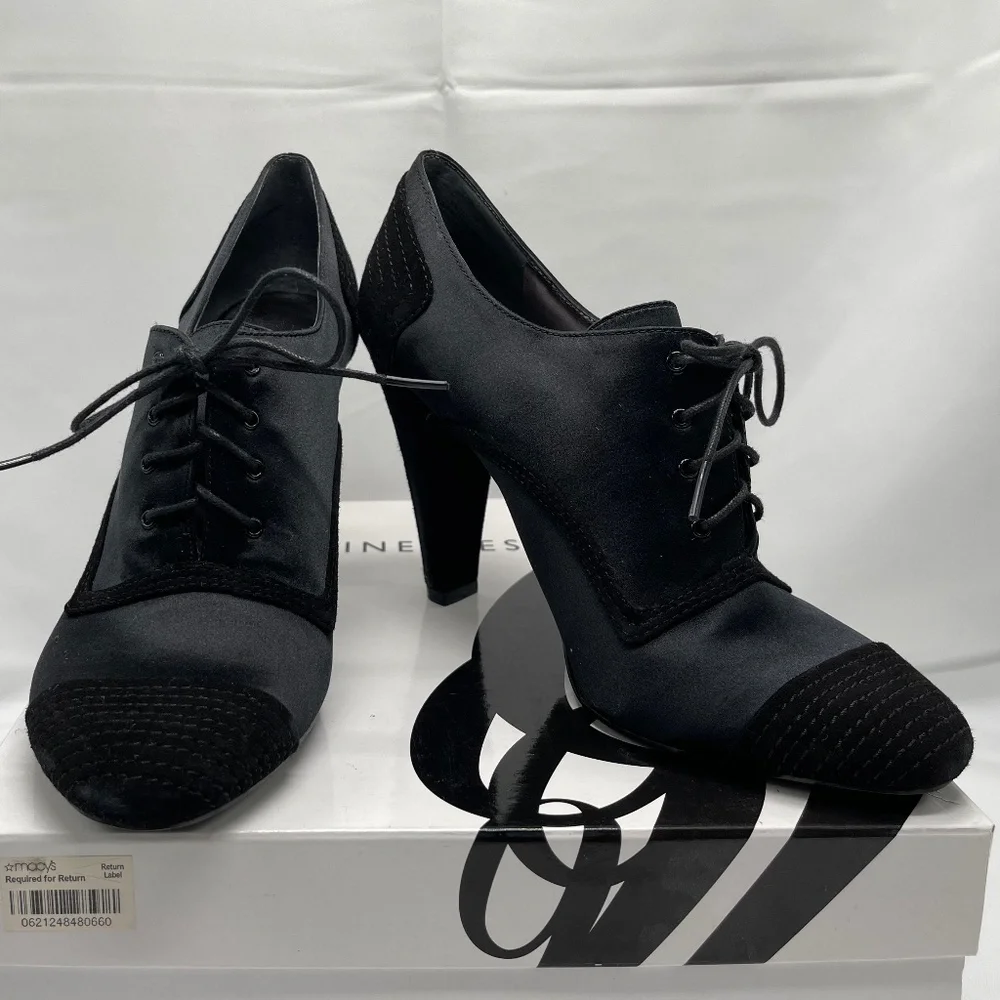 NINE WEST Tenant Black Satin High Heel Lace-up Shootie Size 8.5M NIB
